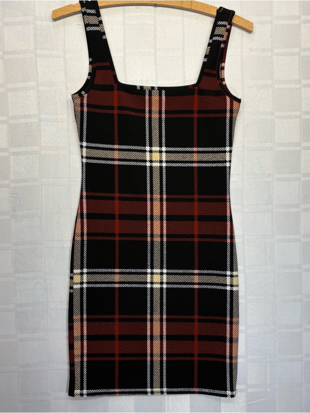 SHEIN Black and Red Plaid Square Neck Mini Dress